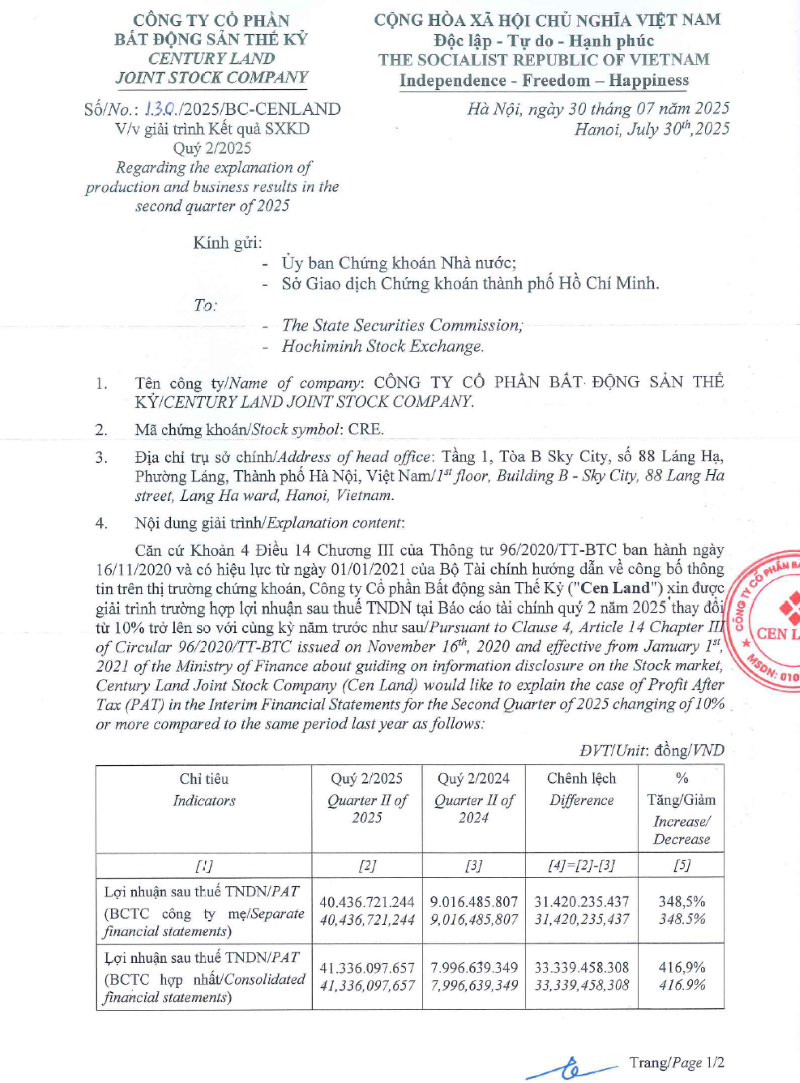 Giải trình kết quả sản xuất kinh doanh quý 2 năm 2025